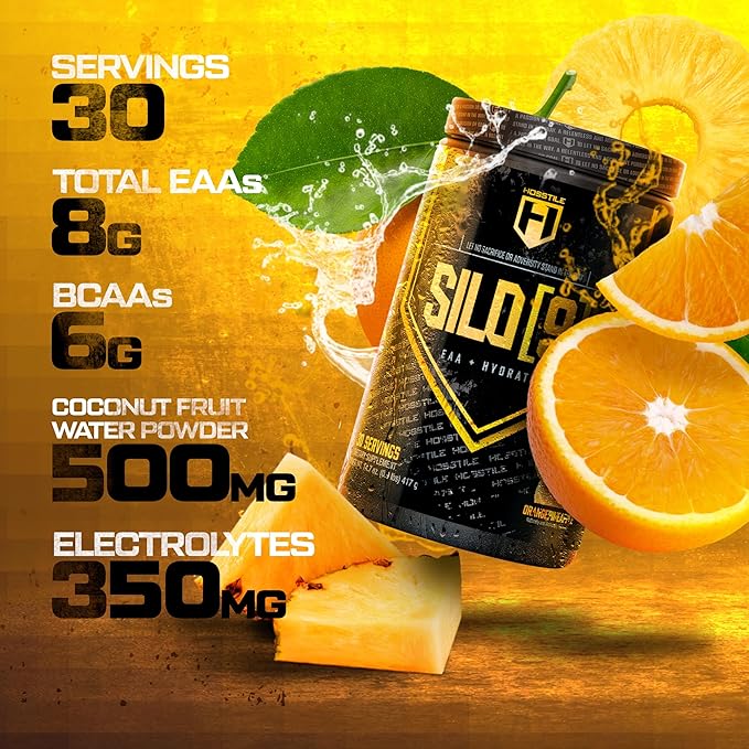 HOSSTILE SILO[9] Essential Amino Acids, EAA & BCAA Powder, Electrolyte Hydration Support, Enhance Muscle Growth & Recovery, Pre or Post Workout Drink, Orange Pineapple, 30 Servings
