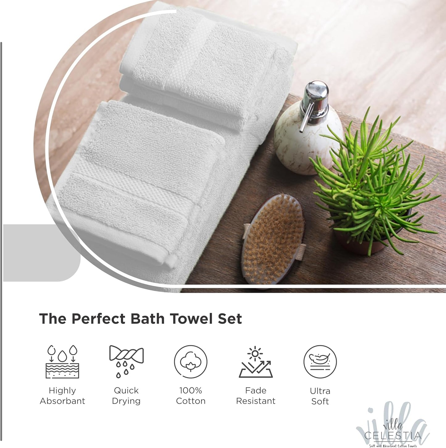 100% Combed Cotton Bathroom Towel Set of 8- 2 Bath Towels, 2 Hand Towels, 4 Wash Cloths, Sustainable, Soft, Highly Absorbent 8 Piece Cotton Bath Towel Set Ideal for Hotels, Spa, Bathroom, Dorm, White