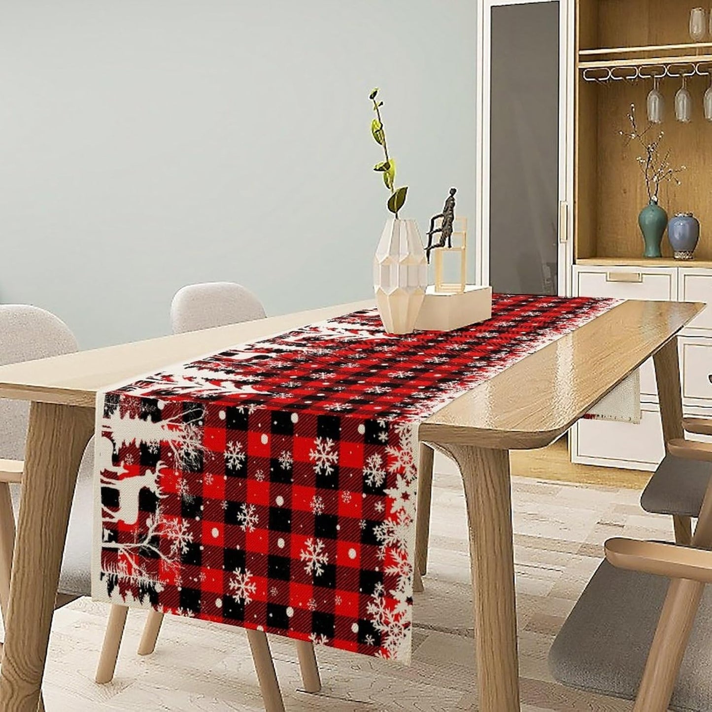 Christmas Table Runner,Red Black Plaid Xmas Snowflakes Deer Trees Print Tablecloth Burlap for Hotel Indoors Outdoor Dining Room Kitchen Home Decor,W13X L36 in