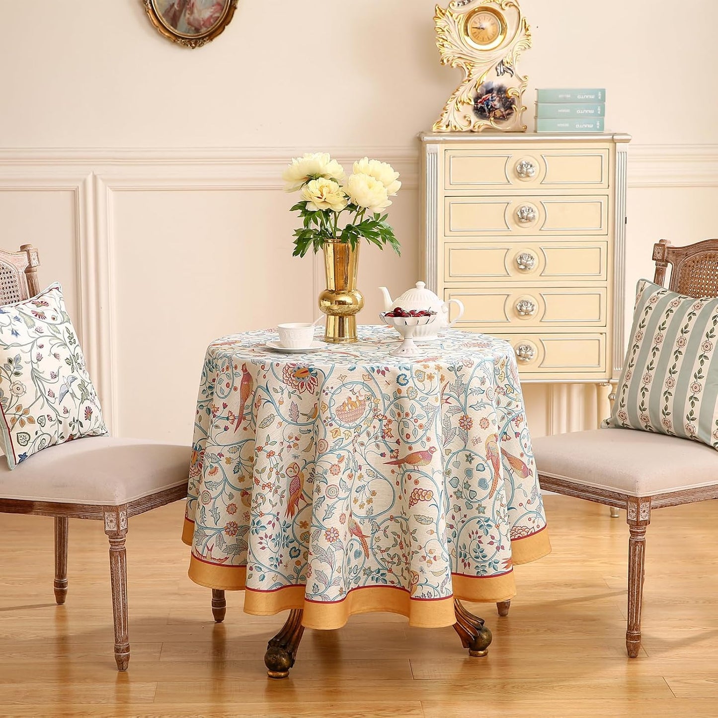 patdrea Designer Yellow French Round Tablecloth,Rustic Linen Floral Birds Table Cloth,Fall Decor Table Cover for Kitchen Dining Holiday Banquet,Christmas,Thanksgiving,Diameter 67"-Magnolia