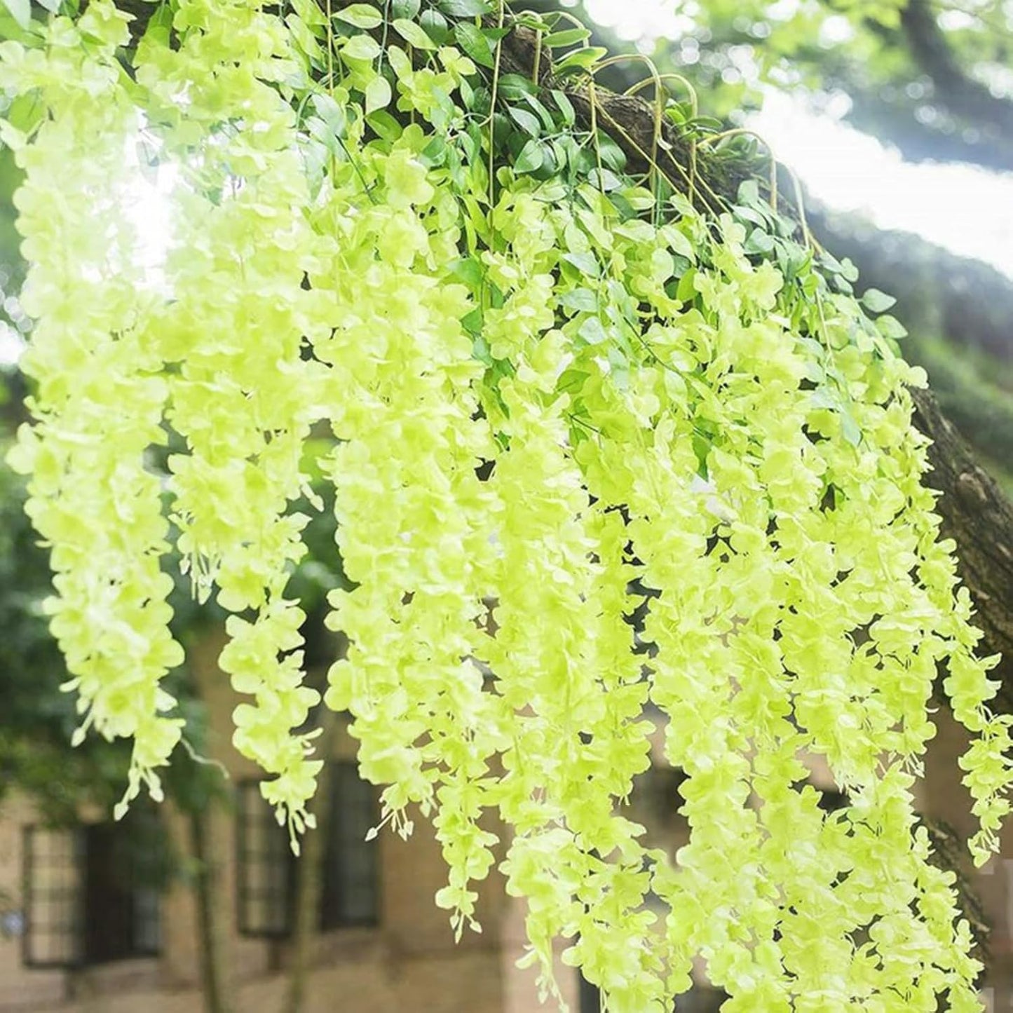 12 Pack Green Wisteria Hanging Flowers Garland, 3.77 Feet Artificial Flower Vines, Fake Wisteria, Artificial Vines Hanging Garland for Backdrop Outdoor Yard Garden Decor