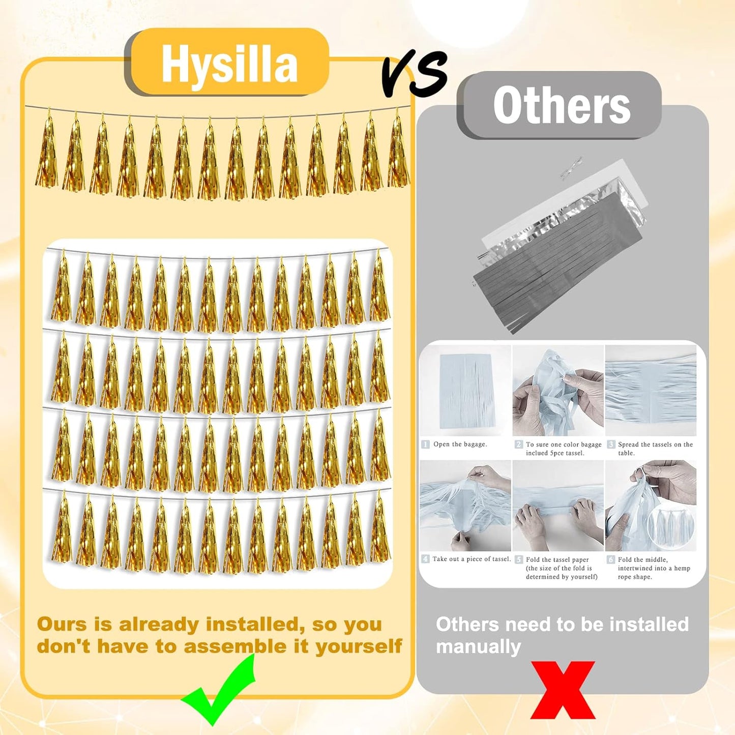 8P Gold Foil Fringe Metallic Tassel Streamers Banner Tassel Garland for Parade Floats, Bachelorette, Wedding, Birthday, Halloween, Christmas, Bridal/Baby Shower Party Decorations