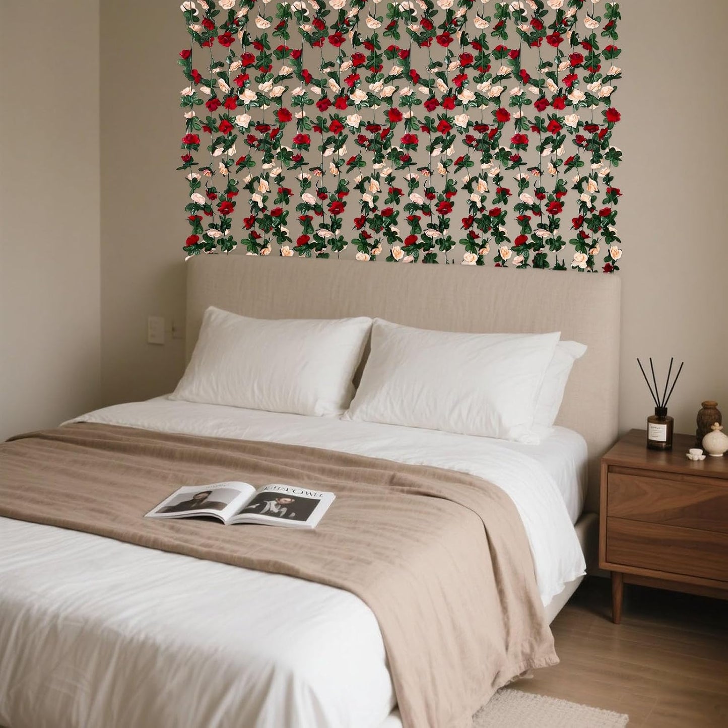 8Pcs 63Ft Burgundy&Champagne Fake Rose Hanging Flowers, Artificial Flower Vine, Hanging Floral Vine Garland for Wedding, Wall Arch, Halloween, Christmas Garden Backdrop Decor