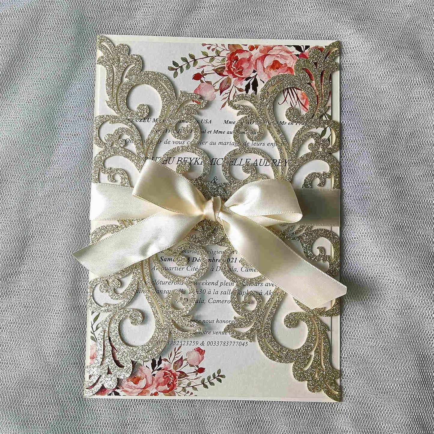 25PCS Champagne Gold Glitter Laser Cut Wedding Invitations Cards with Envelopes,Blank Inner Sheets,Ribbons for Wedding Bridal Shower Quinceañera Engagement Birthday Invites, champagne glitter