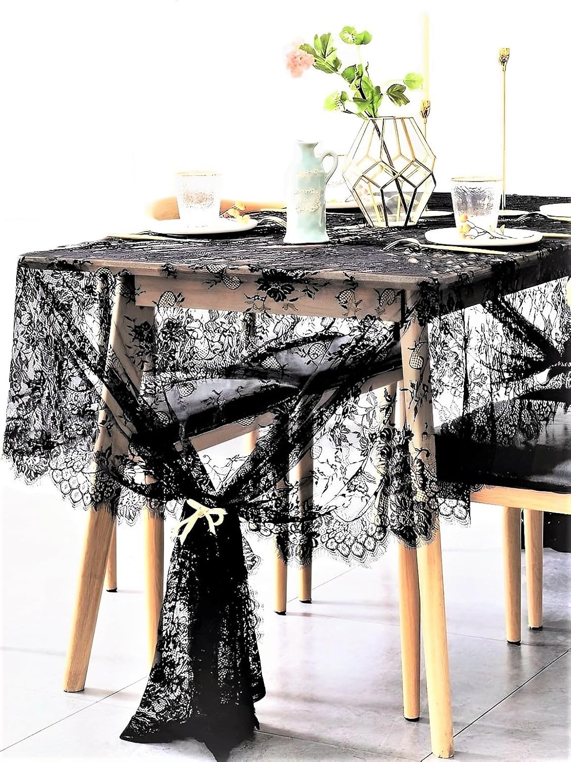 BOXAN Black Lace Tablecloth Overlay Rose Vintage Embroidered, Romantic Boho Wedding Reception Table Decor, Baby & Bridal Shower Décor, Elegant Chic Outdoor Tea Party Tablecover -120" x 60" Rectangular