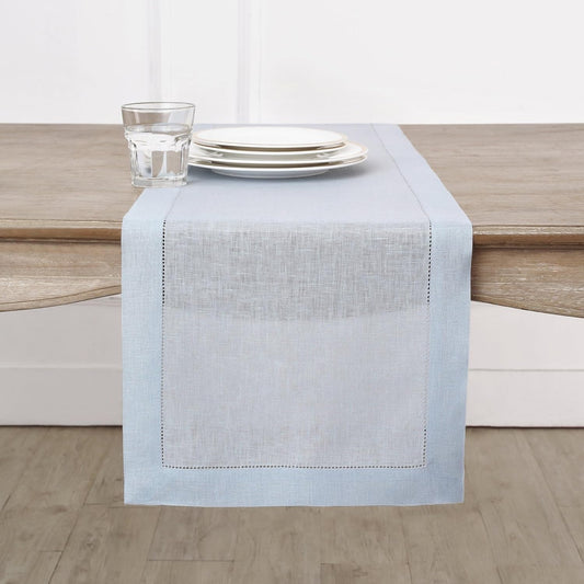 Solino Home Linen Light Blue Table Runner 108 Inches Long - 100% Pure Linen 14 x 108 Inch Table Runner - Classic Hemstitch