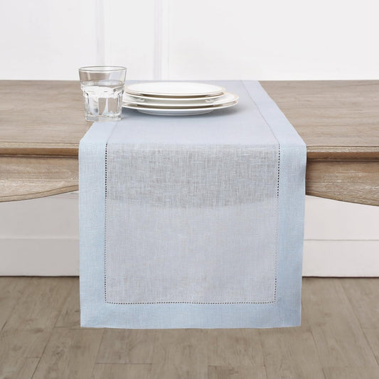 Solino Home Linen Light Blue Table Runner 60 Inches - Classic Hemstitch, 100% Pure Linen Coffee Table Runner 14 x 60 Inch Ideal for Dresser Tables