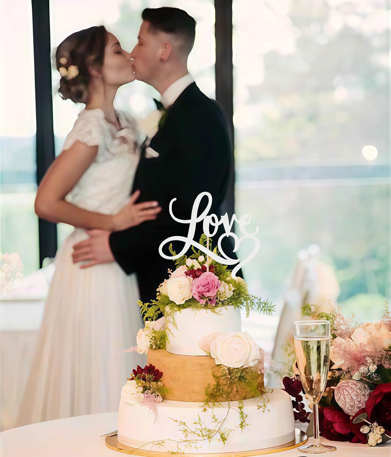 Love Cake Topper - Silver Glitter Paper Wedding Cake Decoration Supplies, Perfect for Bridal Shower/Engagement/Anniversary/Birthday Party
