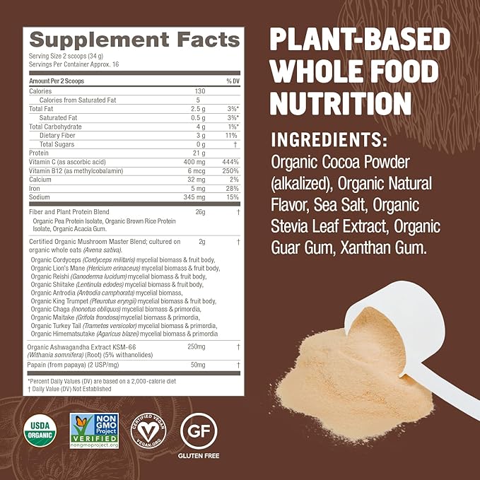 OM MUSHROOM SUPERFOOD Master Blend Creamy Chocolate Protein Powder, 16 Servings, Plant-Based with 10 Mushroom Complex for Recovery & Energy, GLP-1 Support