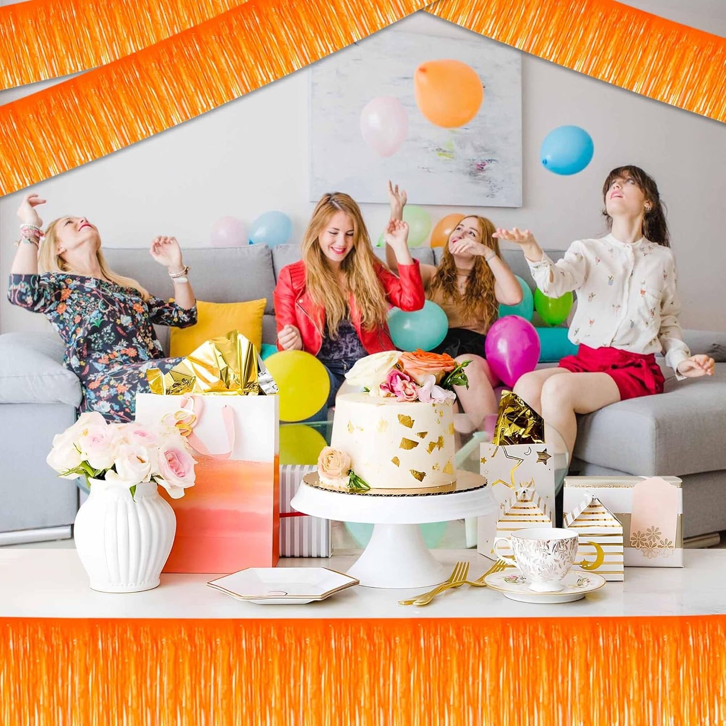 6 Pack 10 Ft Macaron Orange Foil Fringe Garland Metallic Streamers Tinsel Banner Wall Hanging Garland Backdrop for Parade Floats, Halloween, Christmas, Thanksgiving, New Year Party Decorations
