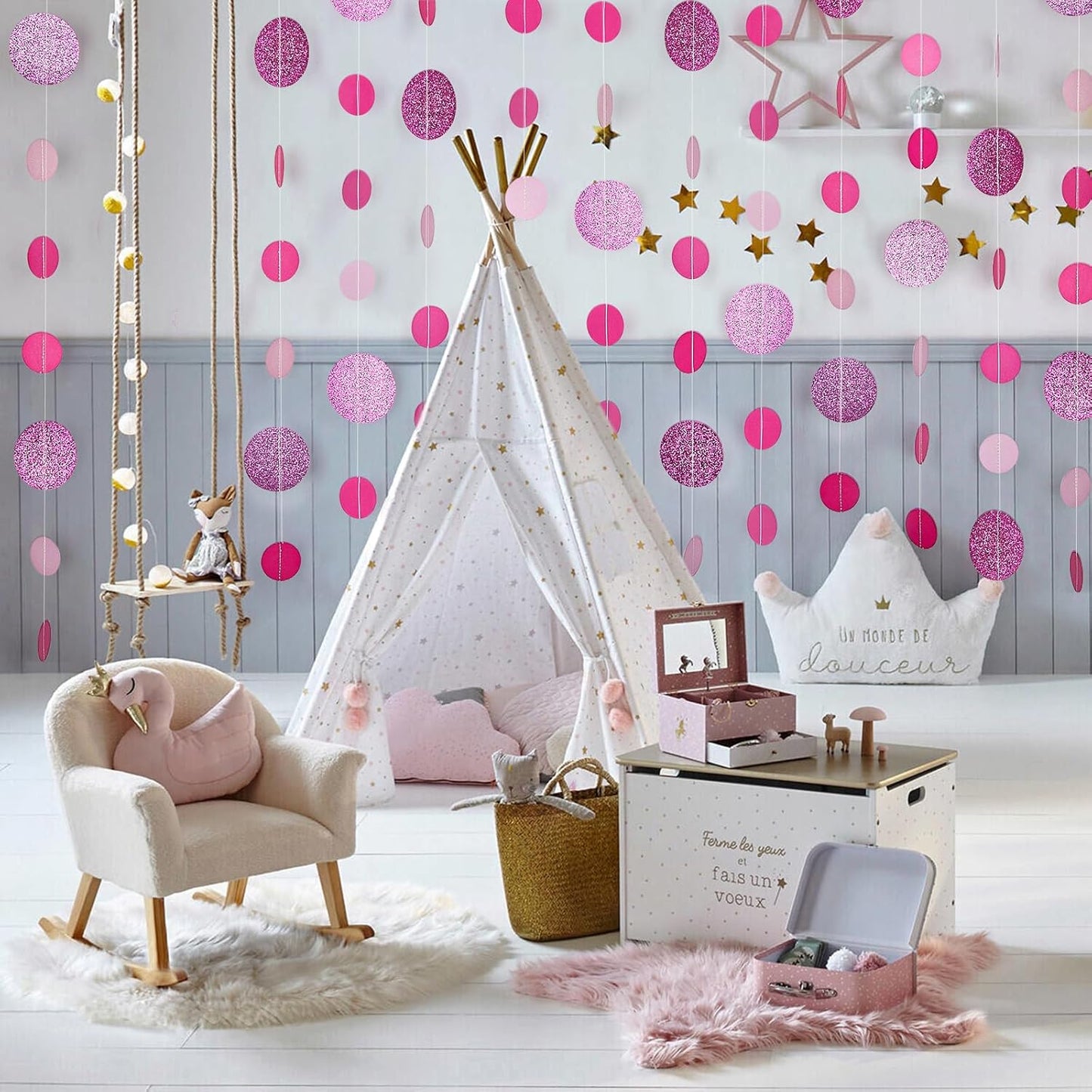 8 Pack Pink Glitter Dot Garland, Hanging Circle Streamers Banner, Backdrop Hanging Decorations for Bridal Showers, Baby Showers, Valentine’s Day, Birthdays, and Romantic Celebrations