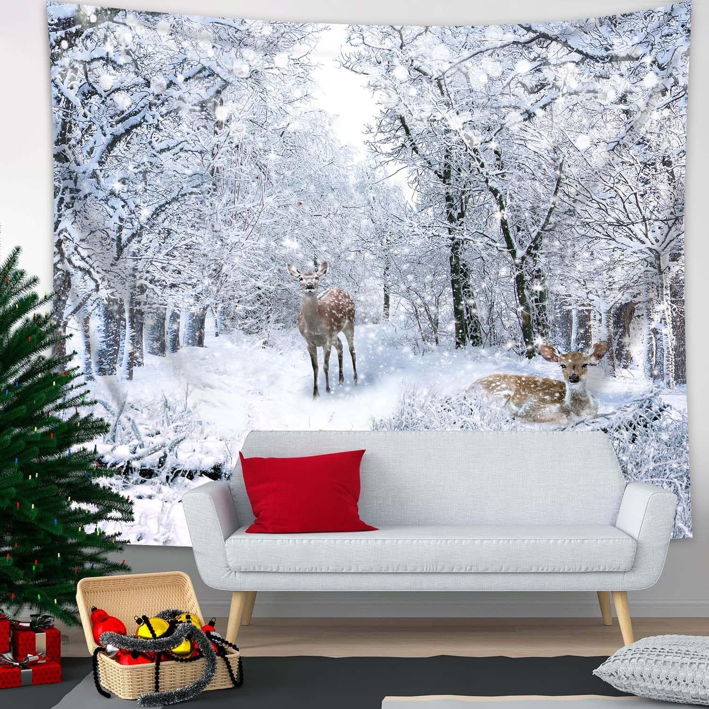 QGHOT Winter Tapestry Wall Hanging, Snow Scene Backdrop Winter Wonderland Wall Decor Snowy Forest Wall Art Nature Woodland Deer Tapestry for Bedroom Room Dorm Party Decoration, Large