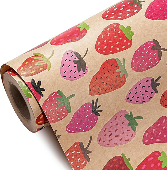 WRAPAHOLIC Kraft Strawberry Wrapping Paper Roll - Mini Roll - 17 Inch x 16.5 Feet - Sweet Strawberry Fruits Wrapping Paper for Summer, Birthday, Wedding, Bridal Shower