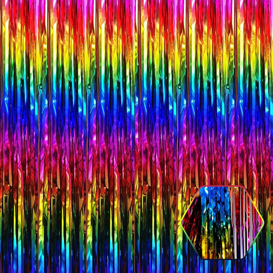 3 Pack Rainbow Foil Fringe Curtain Backdrop, 3.28Ft x 8.2Ft Metallic Tinsel Foil Fringe Streamer Curtains for Photo Booth, Christmas Day, Thanksgiving, Wedding, New Year Party Decorations