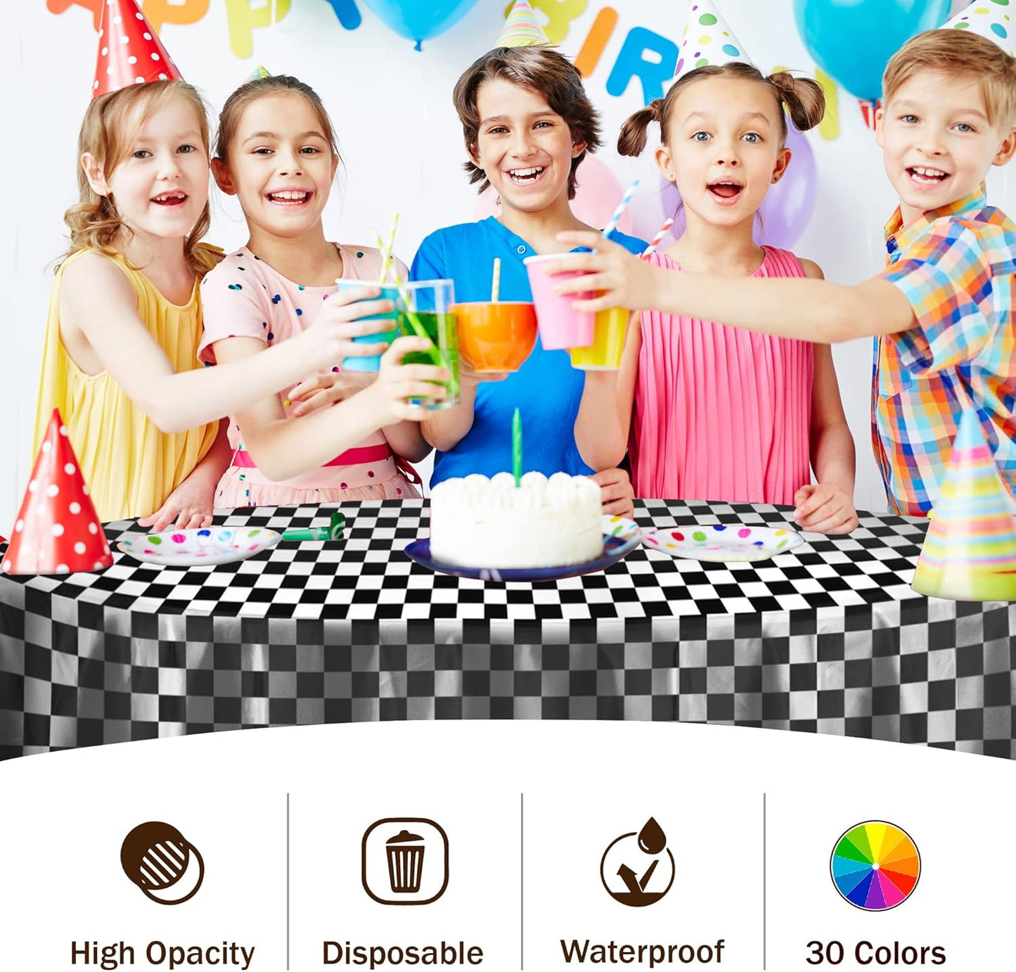 Party Solids Pack Of 12 - Premium Plastic Tablecloth 84 Inch Round Table Cover - Checkered