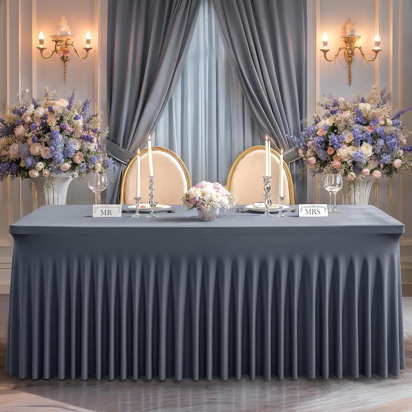 Wish Care 6 Pack Gray Spandex Table Clothes for 6 Foot Rectangle Tables, 6FT Wrinkle Free Fitted Tablecloths Ruffles Design Table Cover for Party, Banquet, Wedding and Events