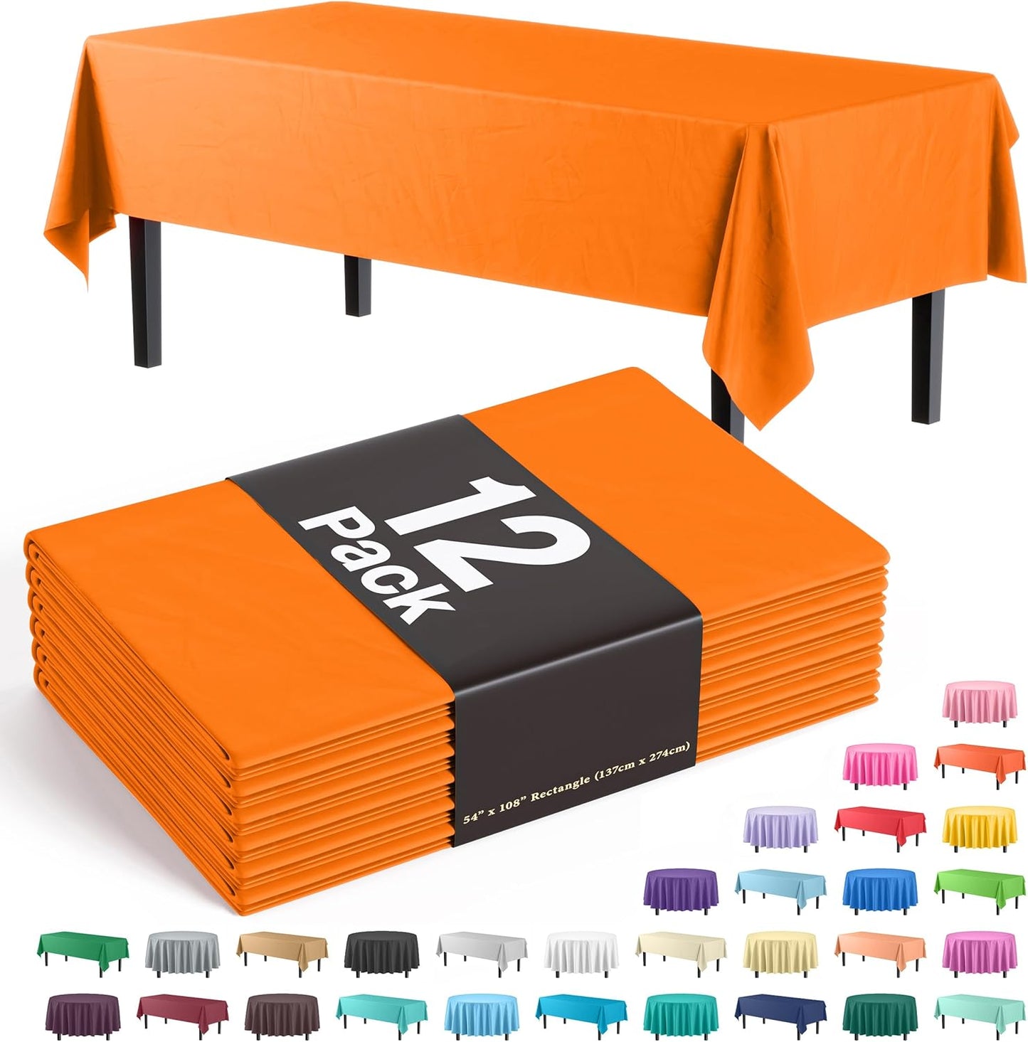 Exquisite 12-Pack Premium Plastic Tablecloth 54in. x 108in. Rectangle Table Cover - Orange