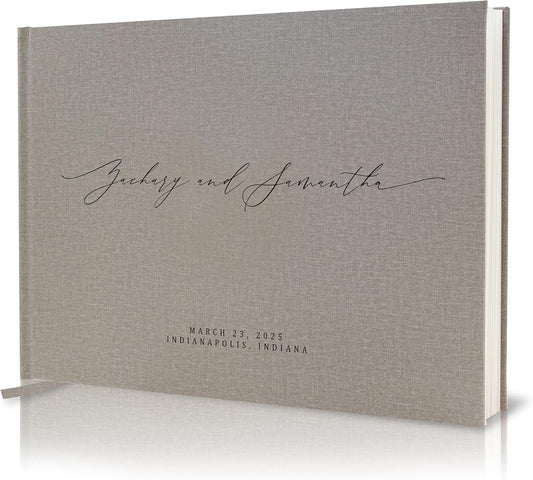 MUUJEE Personalized Guestbook in Gray - Premium Custom Modern Guest Book for Wedding Reception, Birthday Party or Events w/Bookmark Blank Pages for Signing 11.5 x 8.5 inches