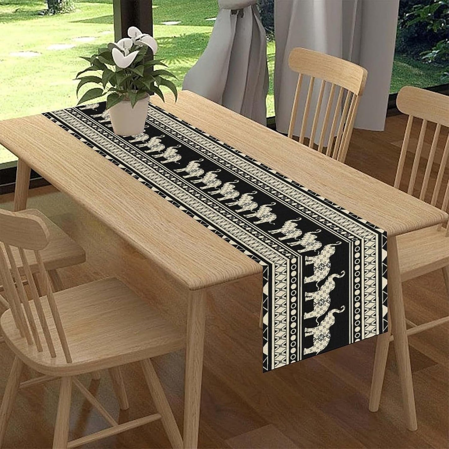 Ethnic Table Runner, Rustic Farmhouse Boho Geometric Elephant Aztec Tribal Print Black Table Center Decor for Home Kitchen Dining Patio Holiday Party Indoor Outdoor Table Decorations, 13"x72" Inch