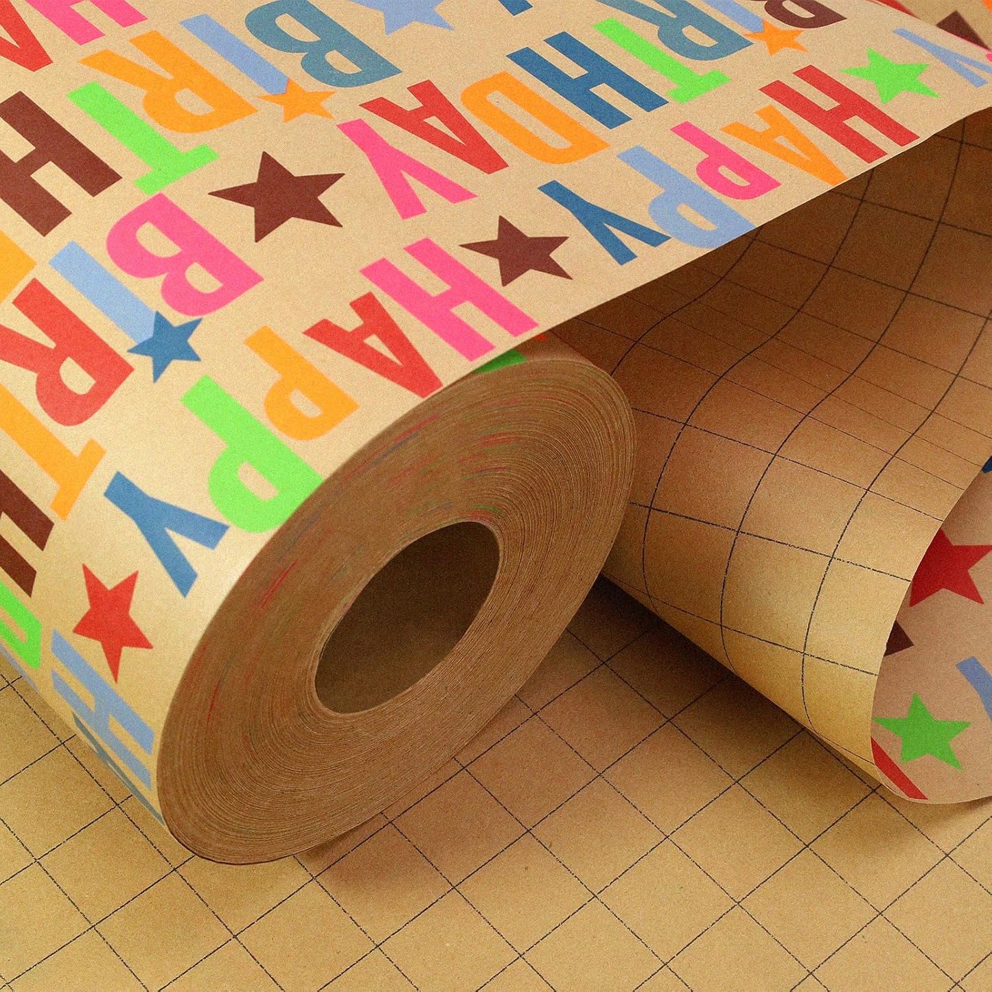 LaRibbons Birthday Wrapping Paper Jumbo 24 Inch x 417 Feet(834 sq. ft. ttl.) Half Ream Kraft Gift Wrap Paper with Colorful Text Happy Birthday Pattern for Baby Shower Holiday Party