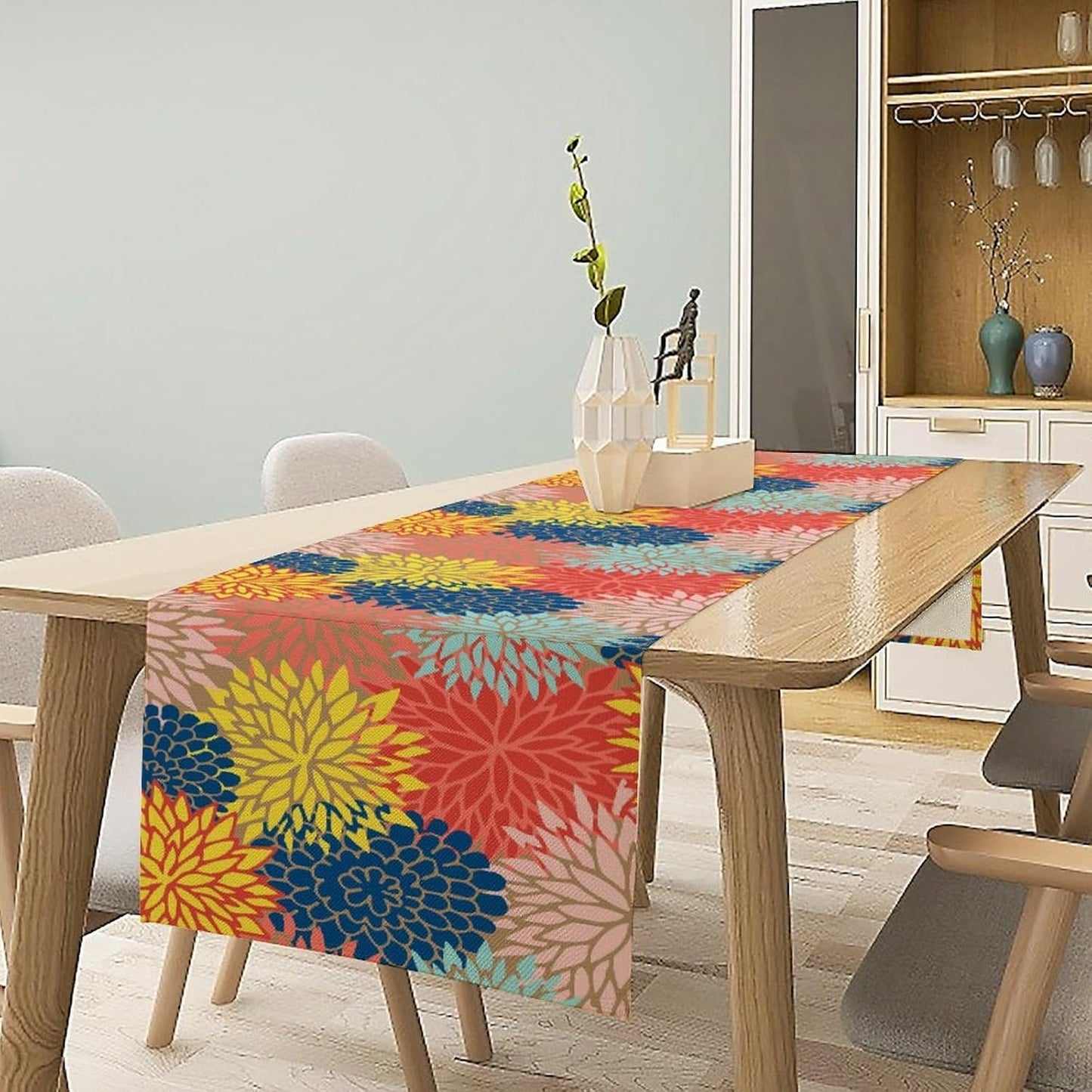 Dahlia Flowers Table Runner Colorful Floral Teal Grey Pink Yellow Blue Abstract Table Runner Kitchen Dining Party Decor Living Room, 13x60 Inch