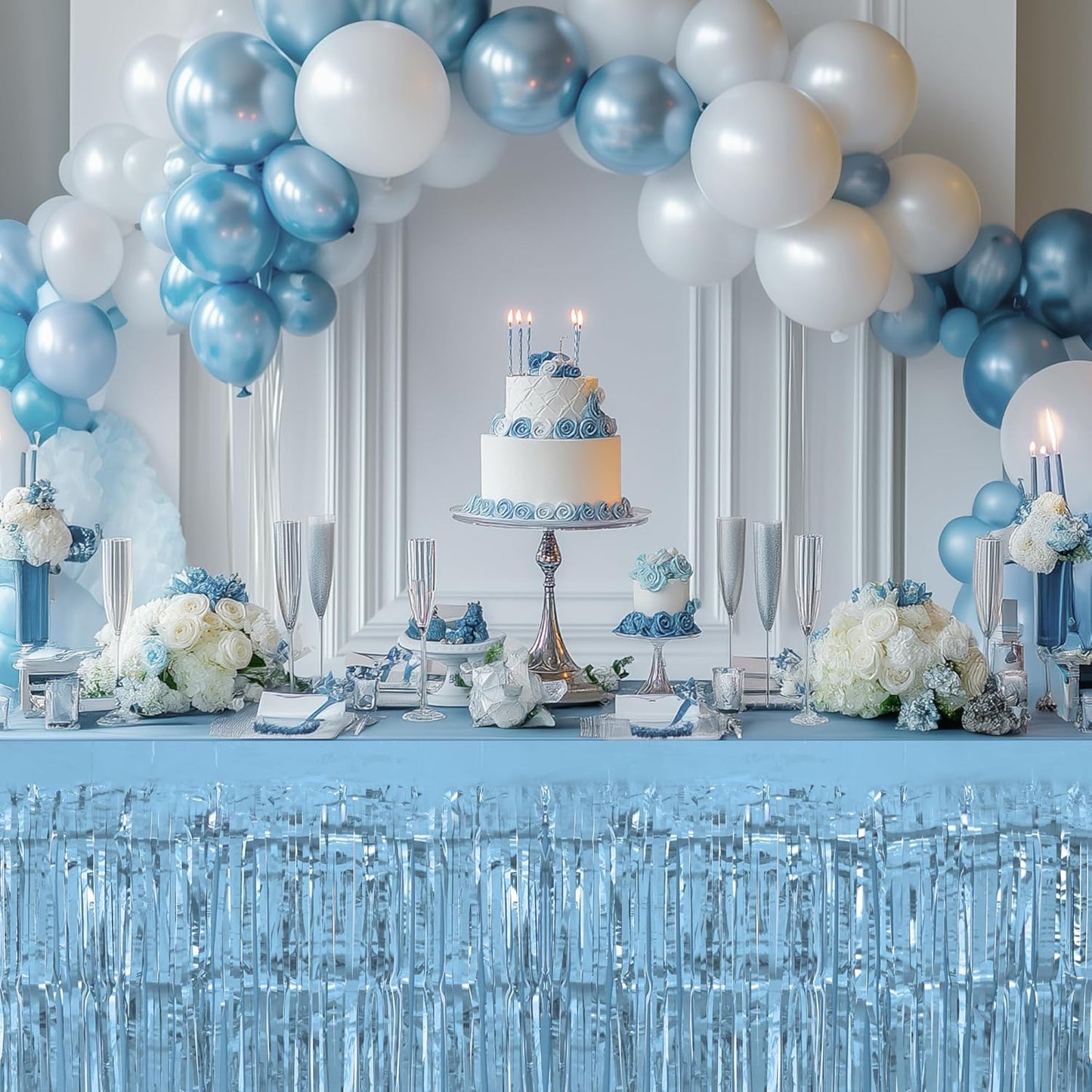 3 Pack Blue Series Table Skirts, 29x108" Metallic Foil Tinsel Fringe Table Skirt for Rectangle Tables Streamer Curtains Backdrop, Party Decorations for Birthdays, Weddings, Holidays