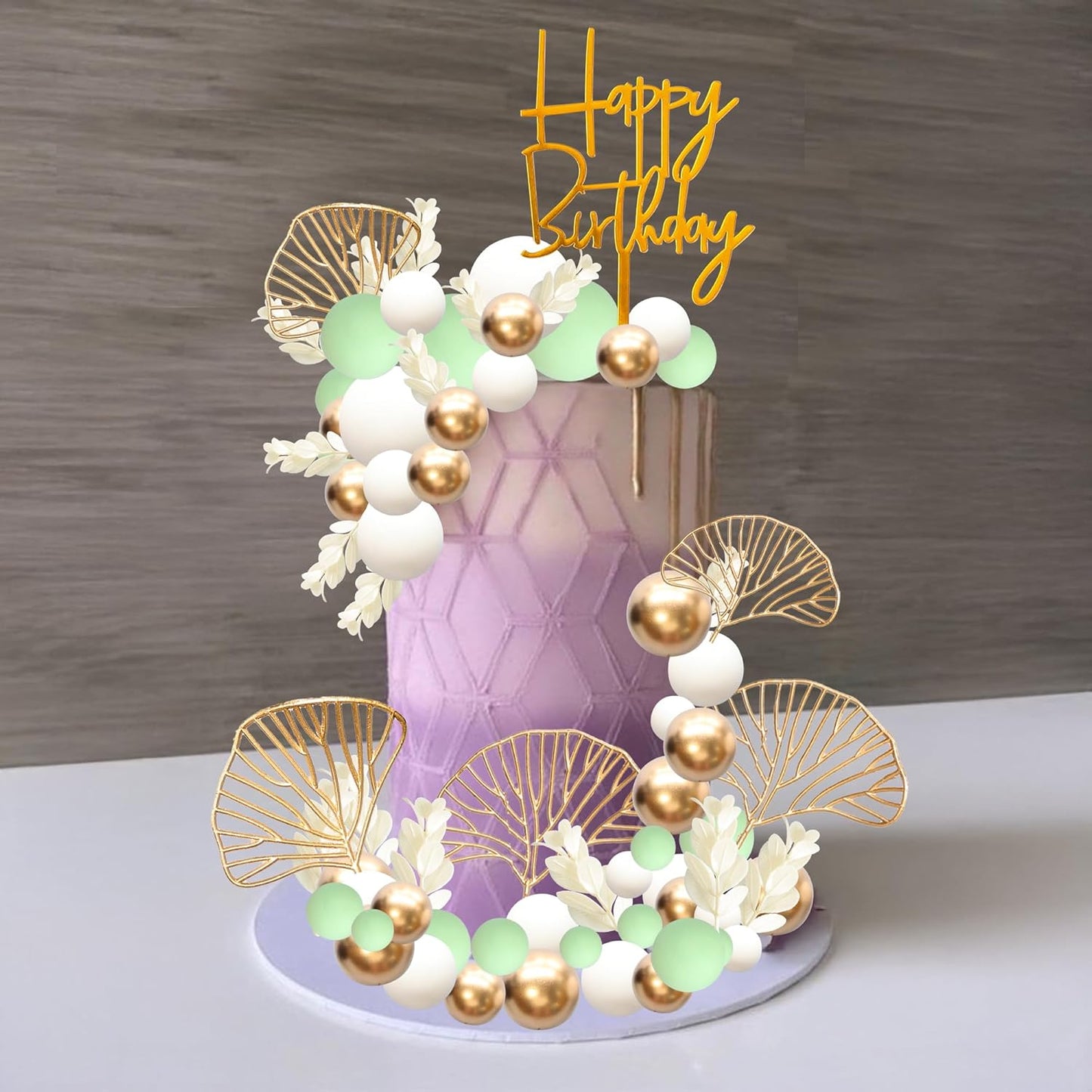 Gyufise 57Pcs Balls Cake Topper Boho Grass Cake topper Pearl Balls Acrylic Happy Birthday Cake Decorations for Wedding Baby Shower Birthday Boho Themed Party Supplies Green