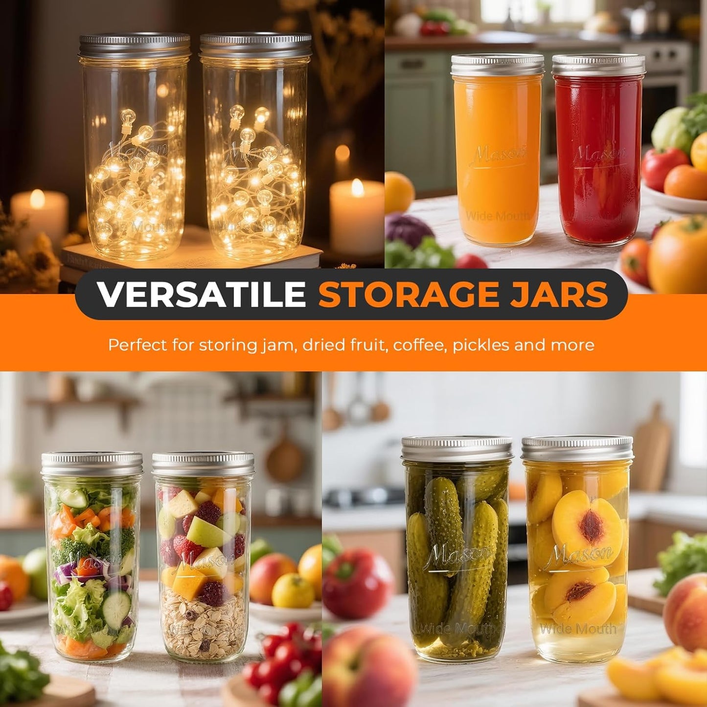 CycleMore 6 Pack Wide Mouth Mason Jars with Airtight Lids and Bands, 24 Oz Canning Glass Jars, Glass Canister for Canning, Fermenting, Pickling, Meal Prep, Overnight Oats, Jam, Jelly