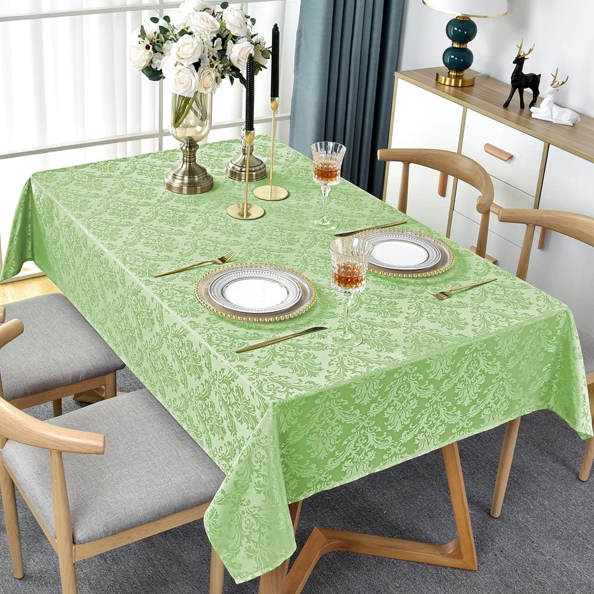 SASTYBALE Jacquard Damask Tablecloth Rectangle 52 x 70 Inch Light Green, Spill Proof Oil Proof Wrinkle Resistant Tables Cloth, Polyester Table Cover for Summer Dining, Party, Indoor, Outdoor