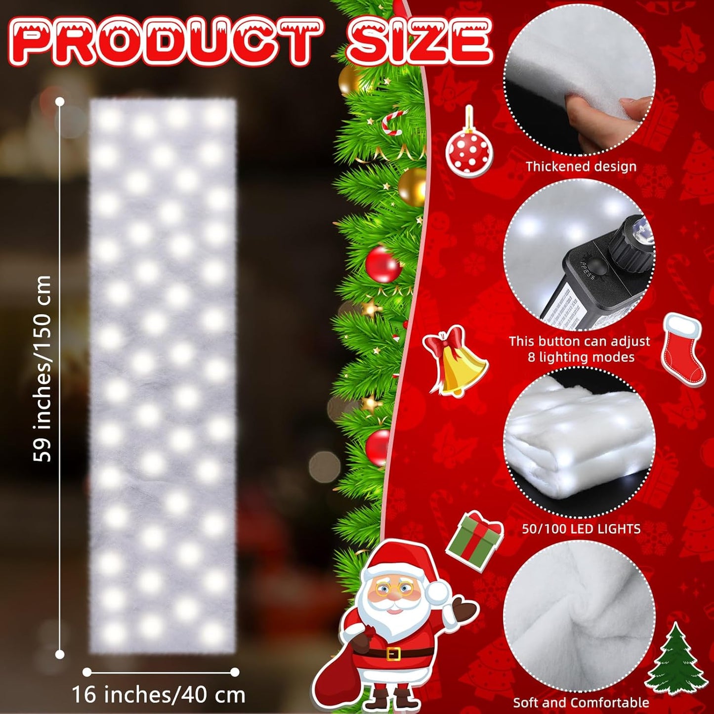 VIHOSE Christmas Snow Blanket with LED Lights String Pre Lit Artificial Fake Snow Blanket Roll Lighted Table Runner for Christmas Tree Village Display Winter Holiday Decor(White Light,59'' X 16'')
