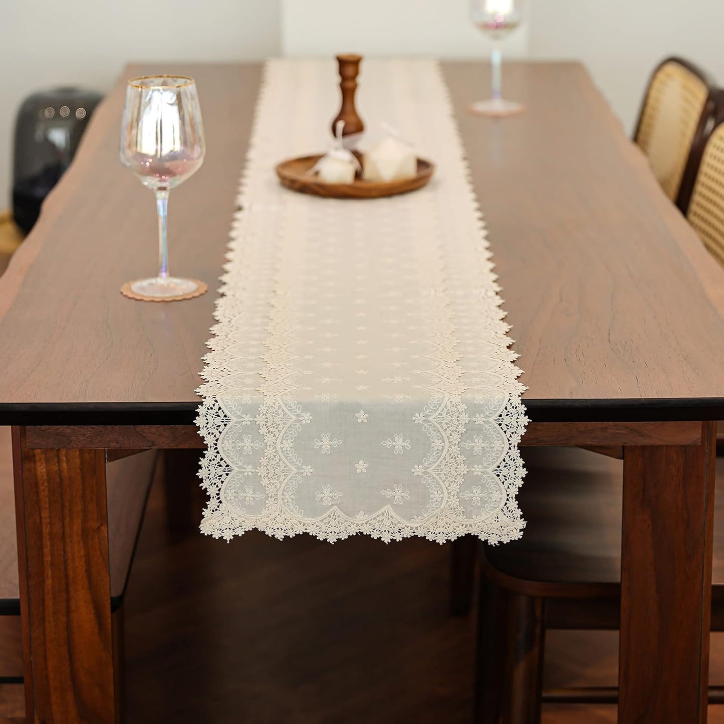 Inicia Cotton Lace Table Runner 12 × 86 inch Embroidered for Easter Holiday Wedding Picnic Daily Dining Tables White Decor (Cotton, 12"×86" (31cm×220cm))