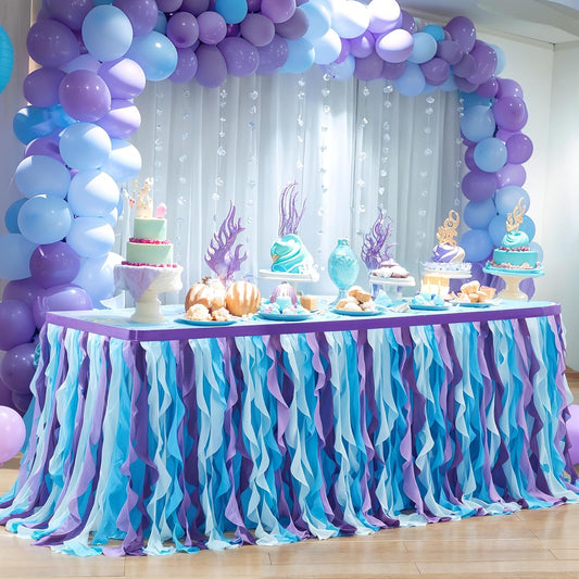 PARTISKY Mermaid Tulle Tutu Ruffle Curly Willow Table Skirt for Rectangle Table 6ft, Mermaid Themed Party Table Cloth for Girls Birthday Party or Baby Shower