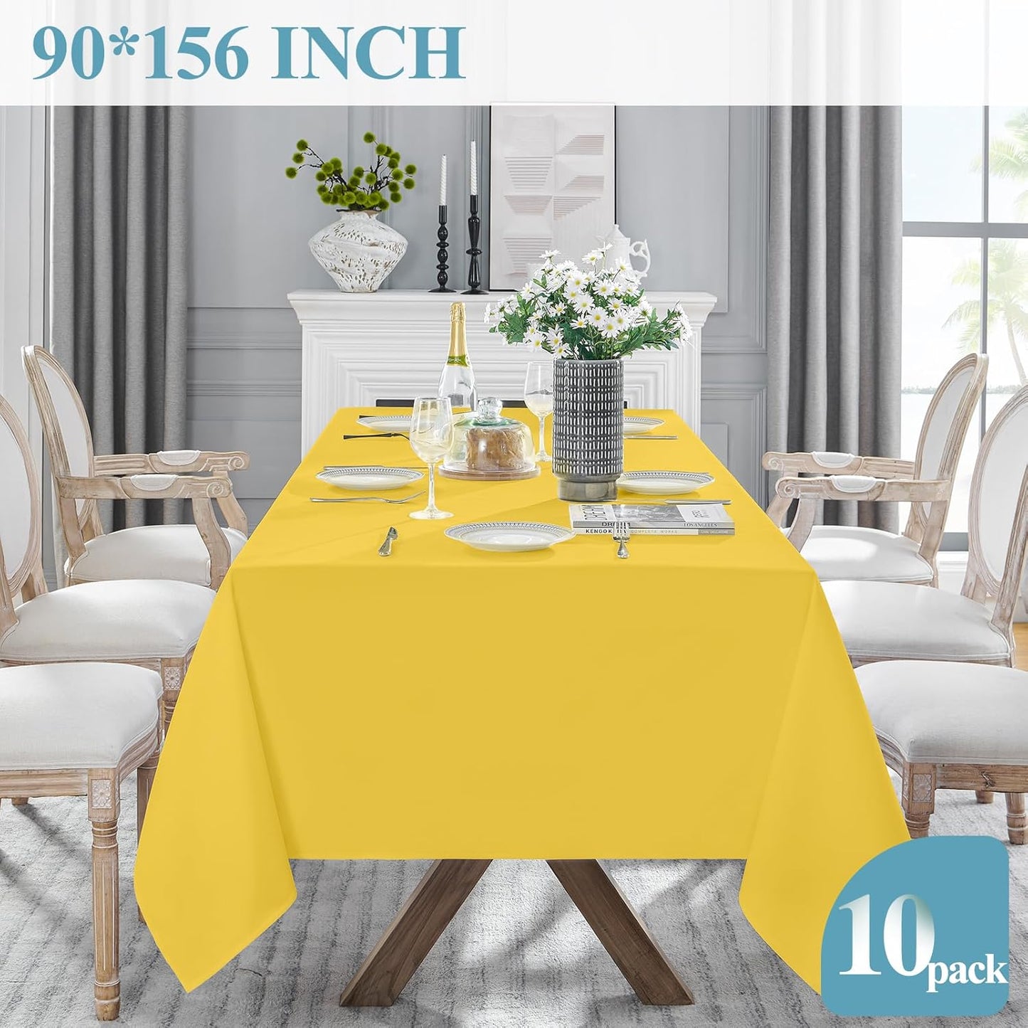 VidaFete Tablecloth 10 Pack 90 * 156inch Rectangle Table Cloth Polyester, Stain Wrinkle Resistant Polyester Dining Table Cover for Kitchen Dinning Party Wedding Rectangular Buffet Decoration(Yellow)