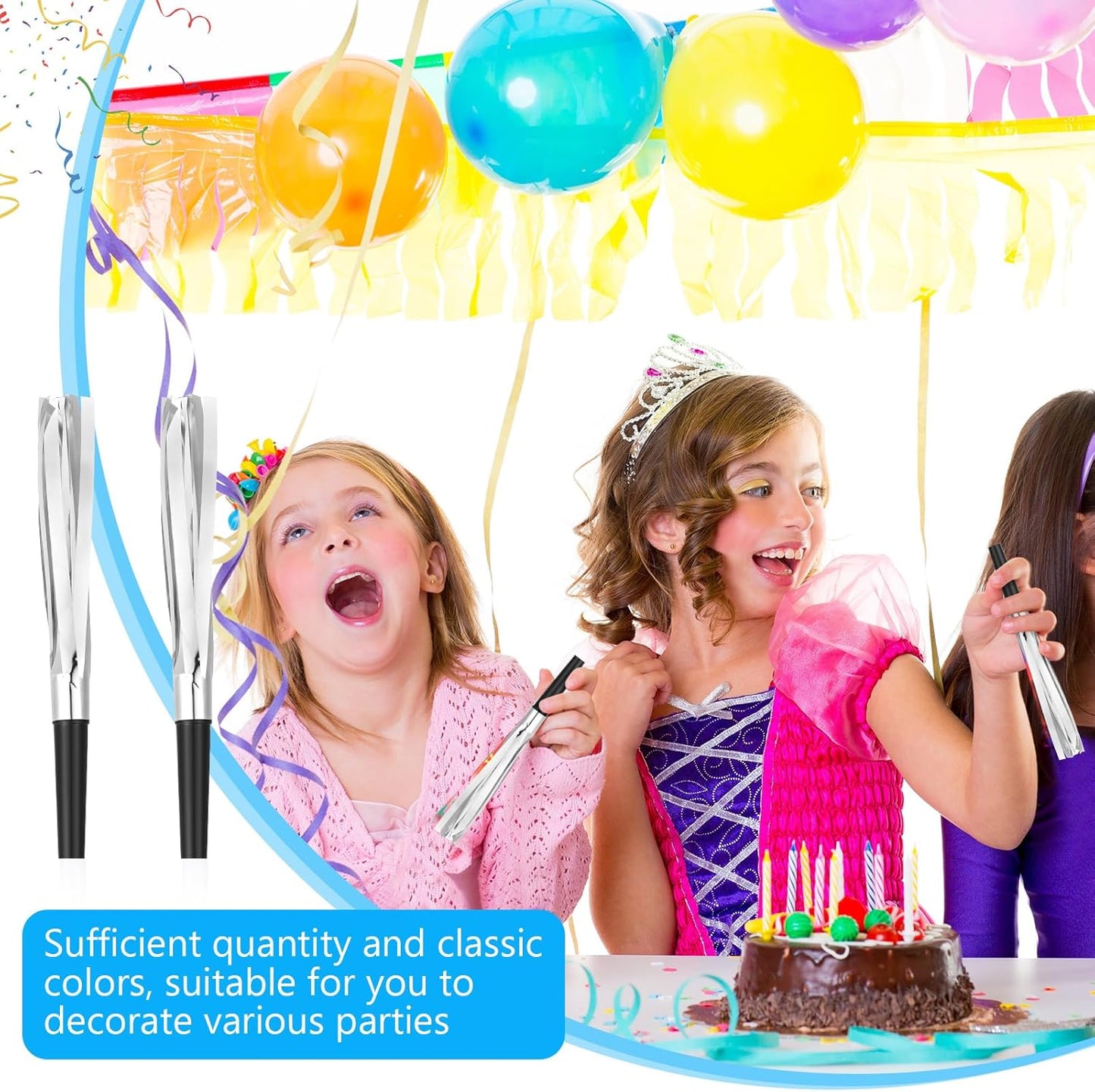 Metallic Fringed Noise Makers, 48 Pcs, Gold, Silver, for Noise Makers Party Favors, Baby Shower, Kids Birthday, New Year Party