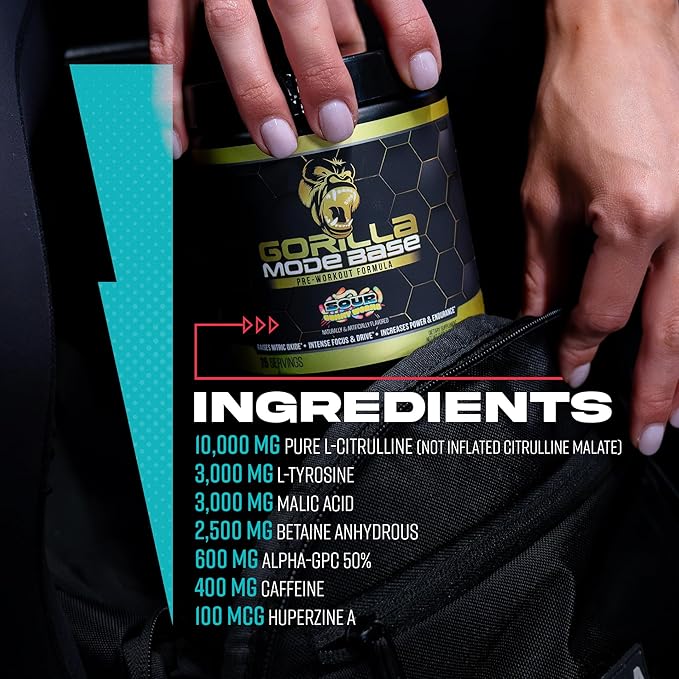 Gorilla Mind Base Pre Workout - Raises Nitric Oxide Intense Focus & Drive Endurance Power - L-Citrulline, L-Tyrosine, Betaine, Alpha-GPC, Caffeine, Huperzine A - 360 Grams (Volcano Burst)