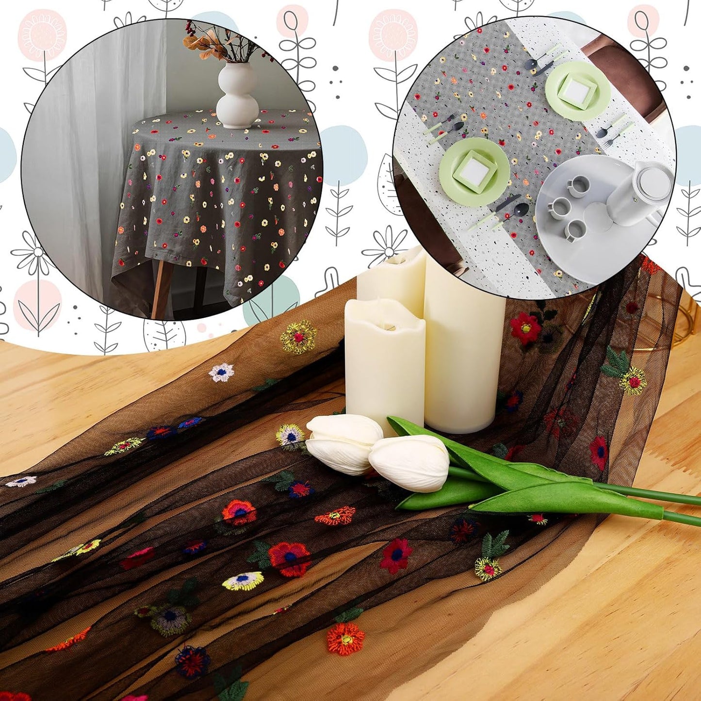 BINBE 1pcs Black Daisy Fall Table Runner Embroidery Gauze 10FT Florals Seasonal Tulle Holiday Birthday Kitchen Dining Table Decor for Home Party