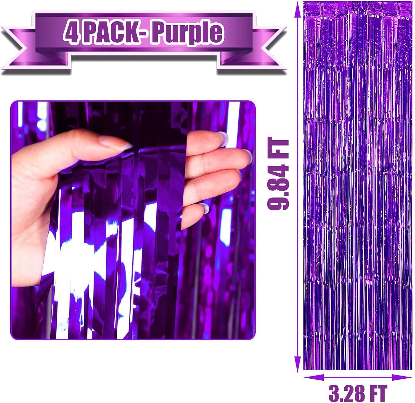 4 Pack Purple Foil Fringe Curtain Backdrop, 3.3Ft x 9.8Ft Metallic Tinsel Foil Fringe Streamers Curtains for Photo Booth, Wedding, Thanksgiving, Birthday, Christmas, Halloween Party Decoration