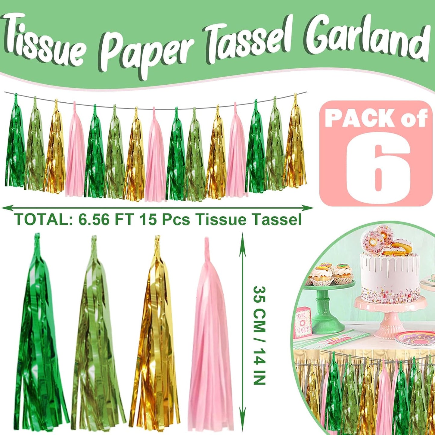 6P Sage-Green Pink-Gold Foil Fringe Metallic Tassel Garland, Tassels Banner Streamers for Parade Floats, Bachelorette, Wedding, Birthday, Graduation, Christmas, Bridal/Baby Shower Party Decorations