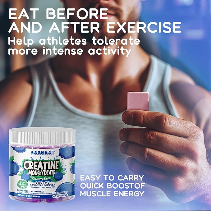 Creatine Monohydrate Chews Complex 6400mg for Men & Women -Advanced Formula W/L-Taurine + Vitamin B12, Sugar Free Chewable Supplement,60 Blueberry Softchews