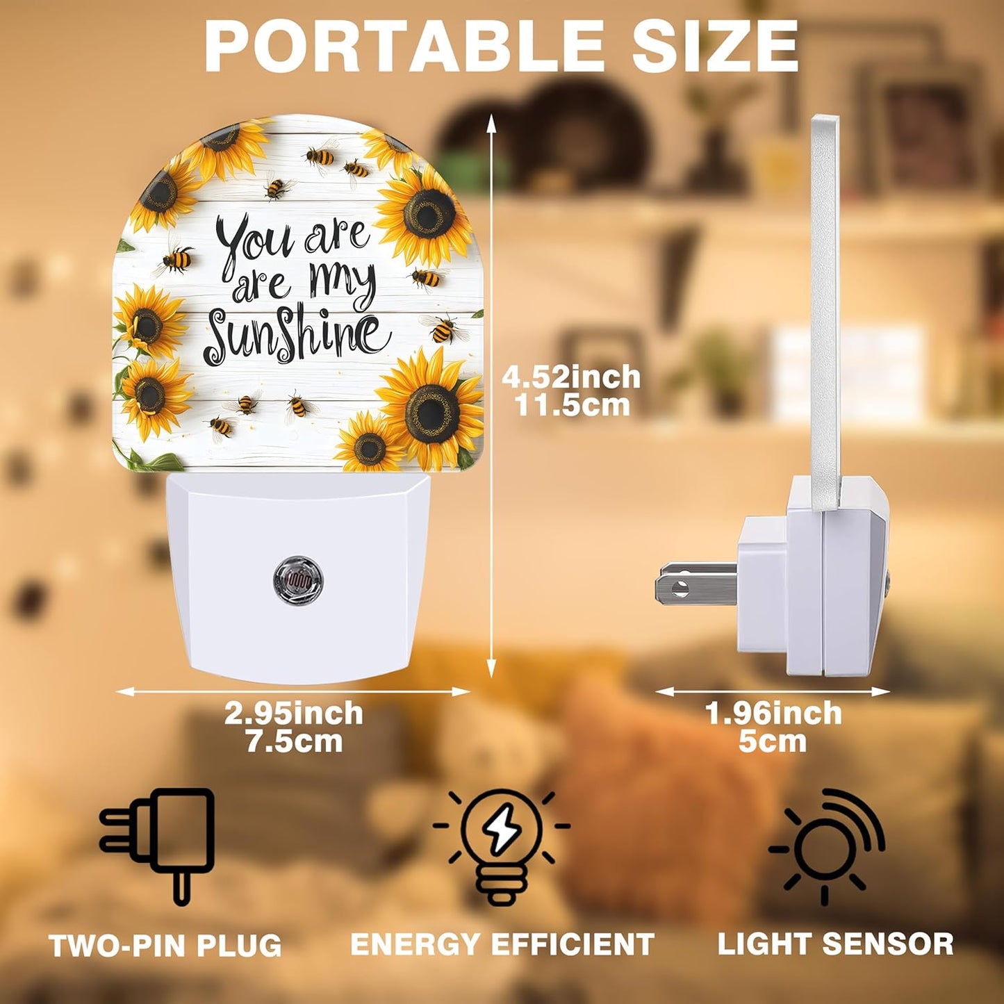 Night Lights Plug into Wall Bees and Sunflowers Night Light Dusk to Dawn Smart Sensor Decorative Round Led Lamp for Bedroom Kitchen Hallway Nightlight for Women Men