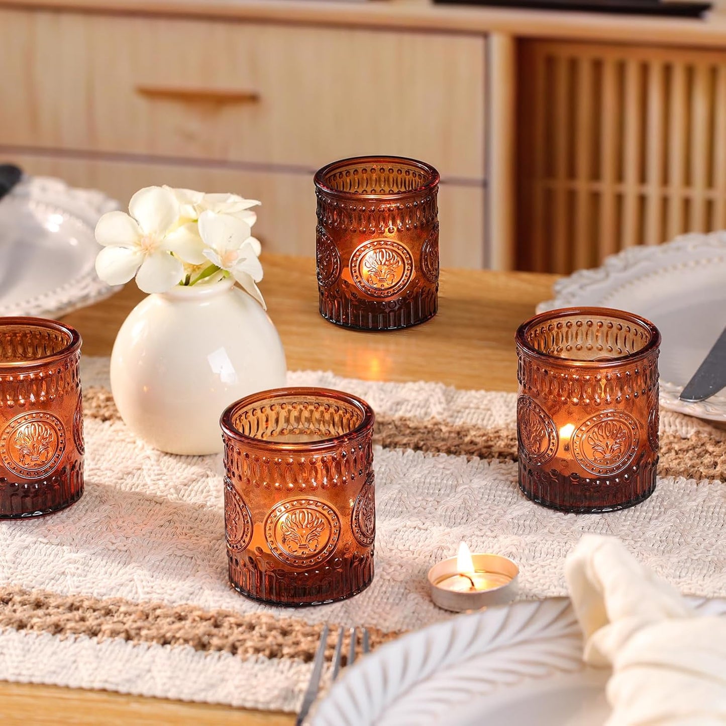 24 Pcs Amber Votive Candle Holders, Glass Tealight Candle Holders for Home Decor, Wedding Table Centerpiece, Birdal Shower, Party