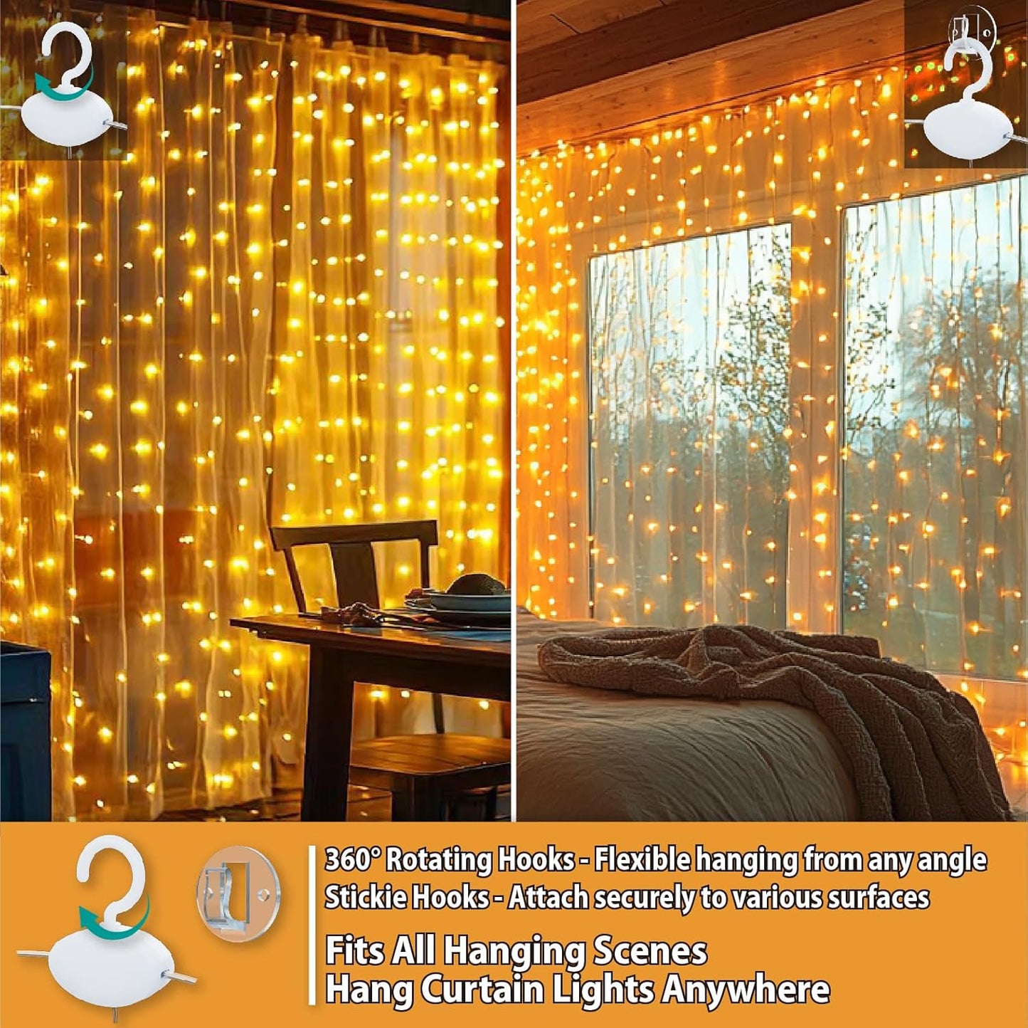 HXWEIYE 300LED Fairy Curtain Lights, 9.8x9.8Ft USB Plug-in 8 Modes Christmas String Hanging Lights with Remote for Bedroom Backdrop Wedding Party Indoor Wall Decor, Warm White(2 Pack)