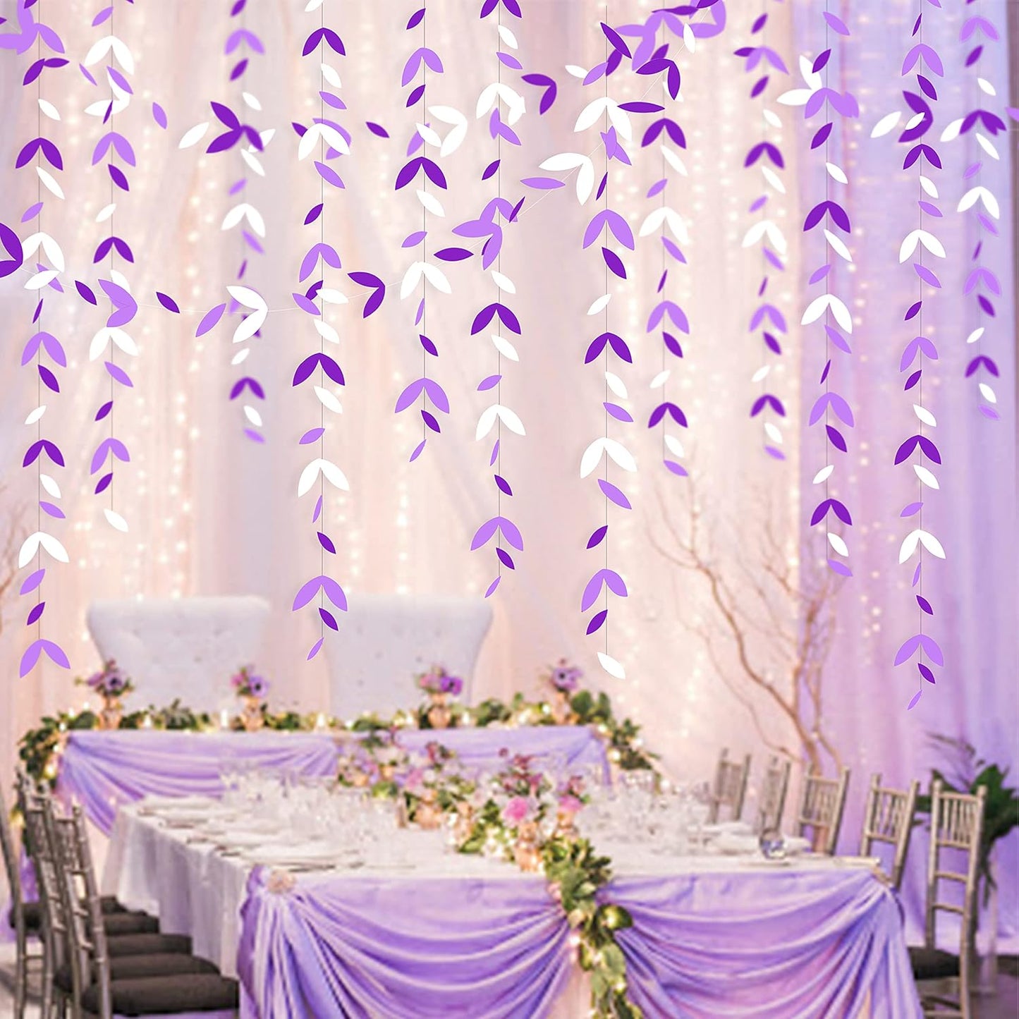 52 Ft Purple White Party Decorations Lavender Leaf Garland Kit Lilac Paper Hanging Leaves Streamer Banner for Birthday Bachelorette Engagement Anniversary Wedding Bridal Baby Shower Hen Party Supplies
