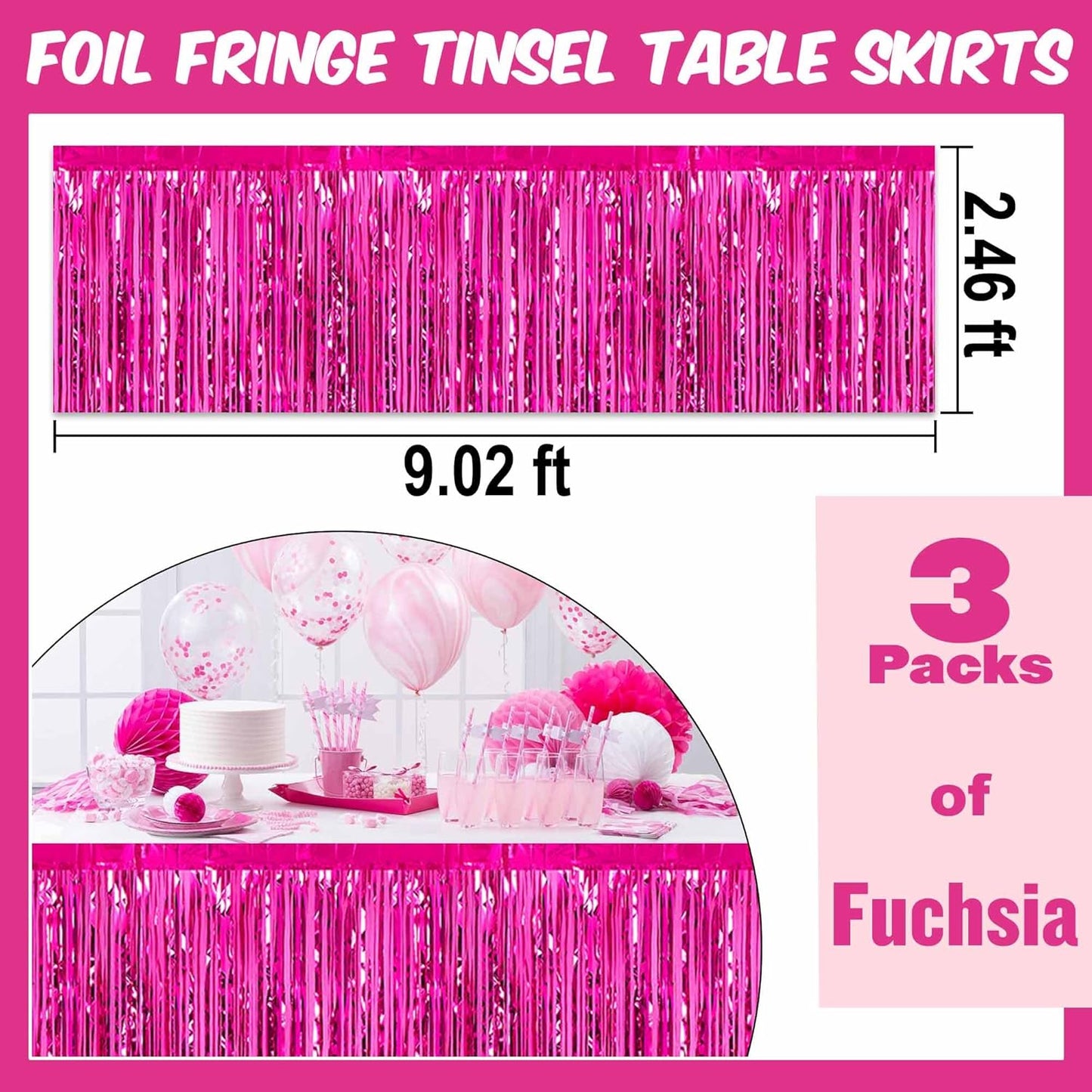3 Pack 29 x108 Inch Fuchsia Foil Fringe Table Skirts Metallic Banner for Tinsel Streamer Garland Backdrop for Parade Floats Mother's Day, Graduate, Birthday, Wedding Party Decoration