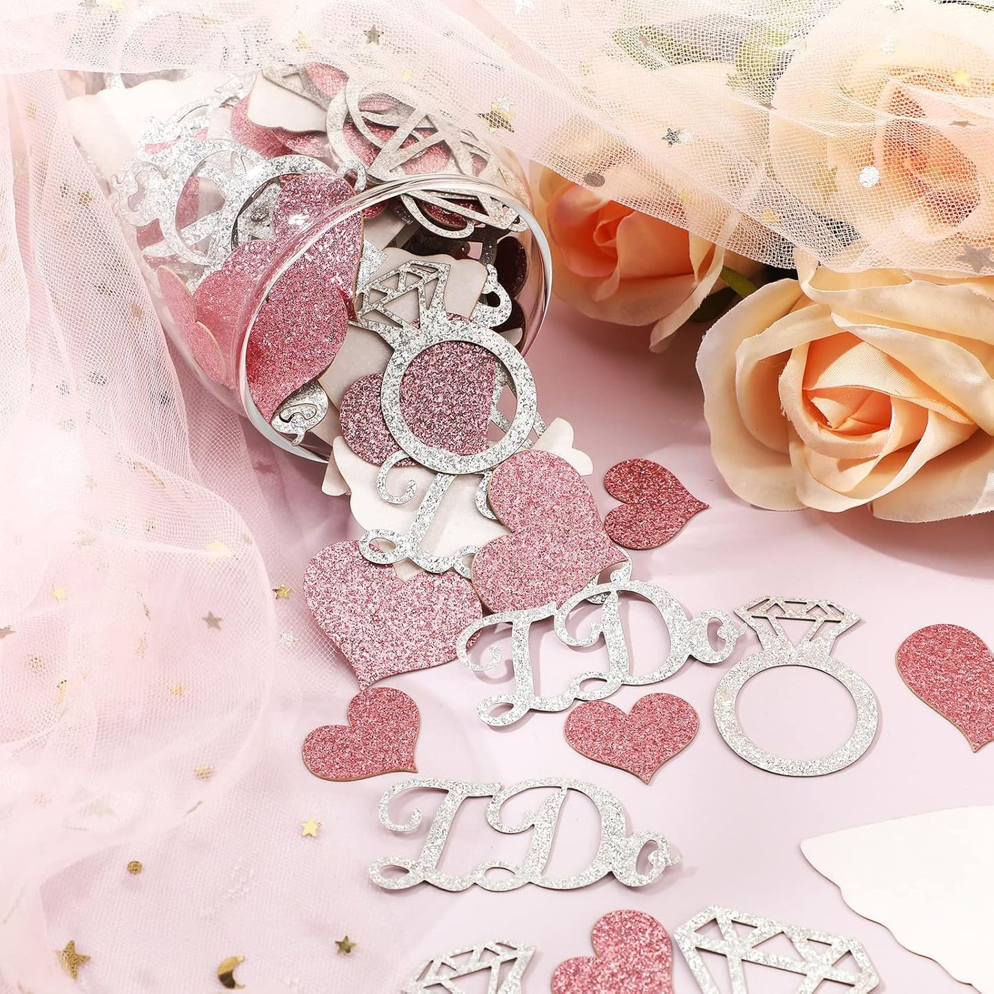 Zhanmai 240 Pieces Wedding Table Confetti, Glitter Rose Gold Heart Silver Diamond Ring I Do Scatter Party Table Decoration for Bridal Shower Engagement Bachelorette Party Decor