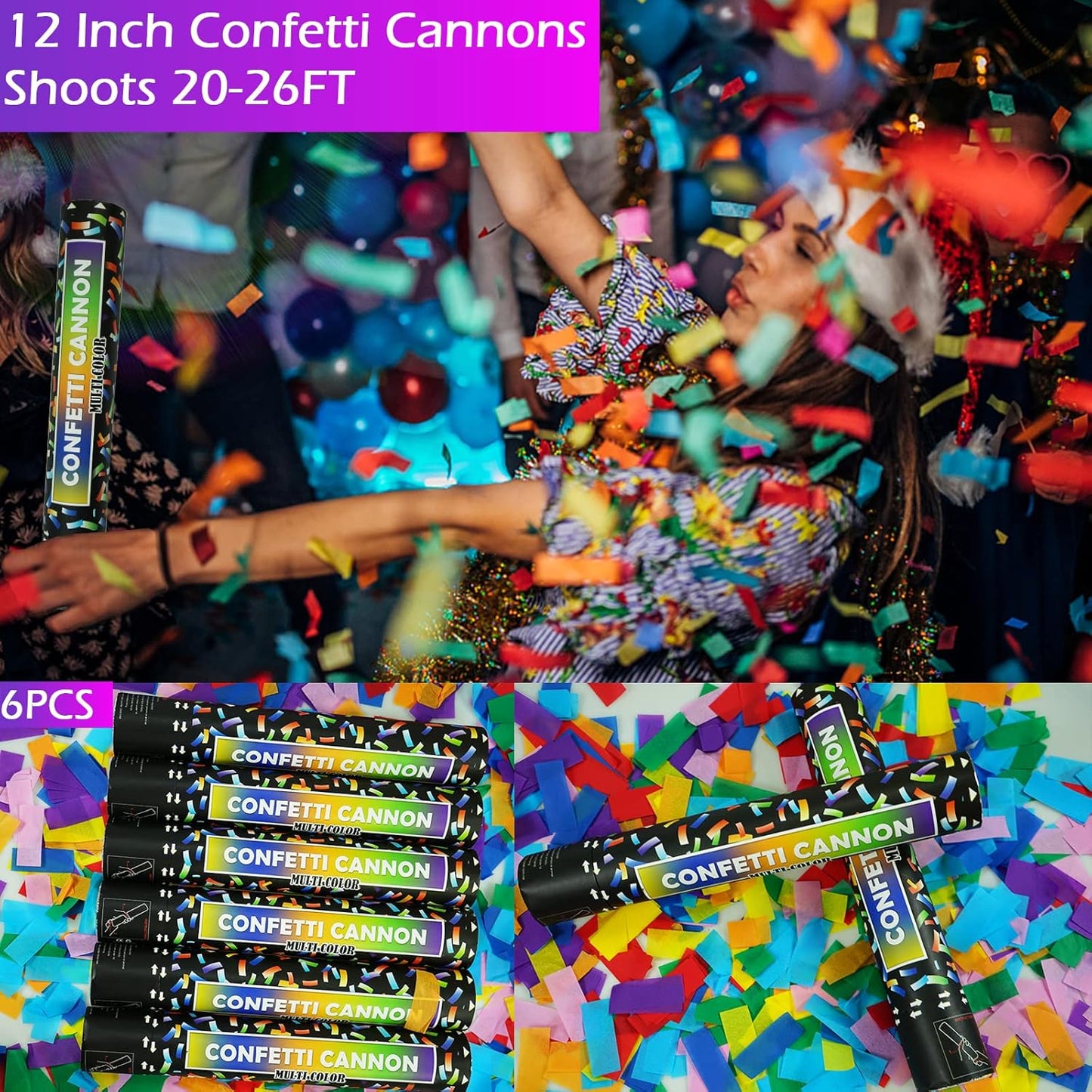 Biodegradable Confetti Cannon 6 Pack Multicolor Party Popper Shooters,12 Inch Large Confetti Cannon for Wedding Celebration Birthday Celebration Baby Shower Decorations Christmas New Year Graduation