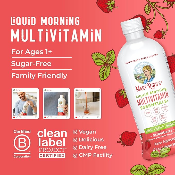 MaryRuth Organics Liquid Morning Multivitamin Essentials+ | Vitamin A C D E B6 B12 Biotin Zinc | Men's & Women's | Immune Support | Beauty | Sugar Free | Vitamins for Ages 1+ | Vegan | 32 Fl Oz
