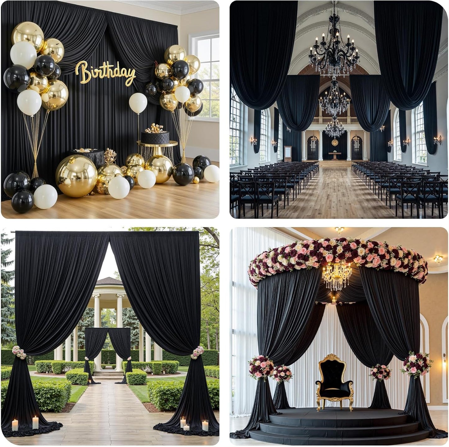 PartyVillage 20ft×15ft Black Backdrop Curtain for Halloween Parties, 4 Panels Wrinkle Free 15 FT Long Polyester Photo Backdrop Drapes Back Drop Cloth for Birthday Photography Background