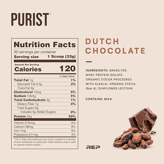 REP Purist Whey Protein Powder, Premium Chocolate Grassfed Isolate, Post-Workout Recovery, Keto Friendly, Clean Nutrition Meal Replacement, Promotes Lean Muscle, Sugar and Gluten-Free Women Men, 2 Lb