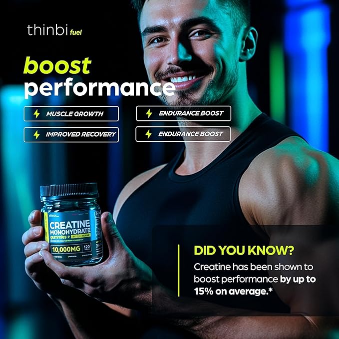 Creatine Gummies Monohydrate Complex 10,000mg for Men & Women -120 Gummies Advanced Formula W/L-Taurine + Vitamin B12 for Muscle Strength, Muscle Builder, Energy Boost, Pre-Workout Supplement -Thinbi